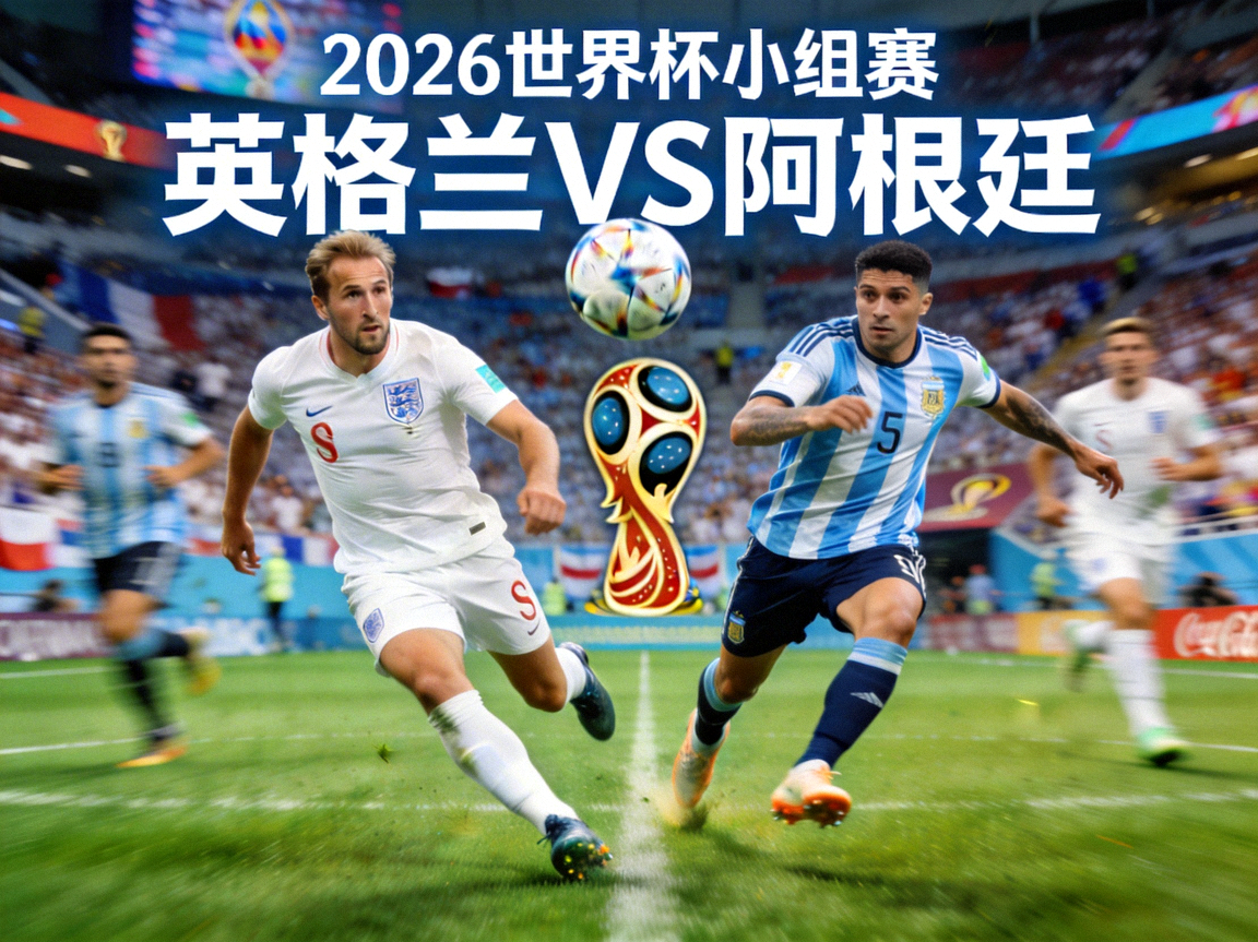 2026世界杯小组赛英格兰对阵阿根廷的概念宣传图 - 球员争抢足球