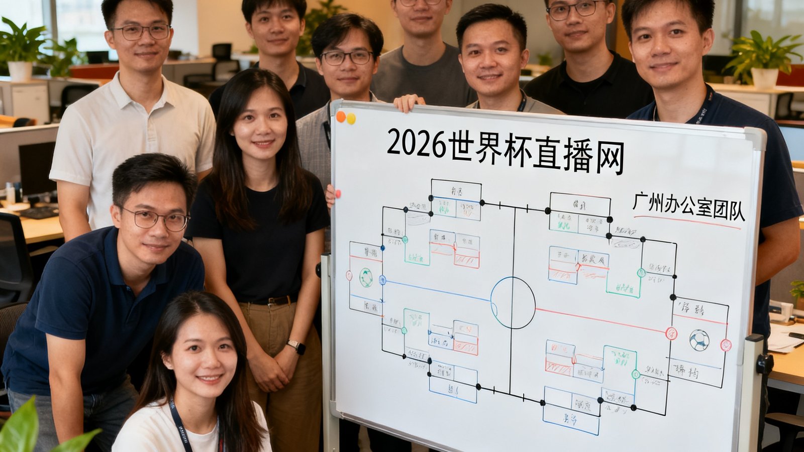 2026世界杯直播网广州办公室团队合影，白板上画着世界杯赛程图