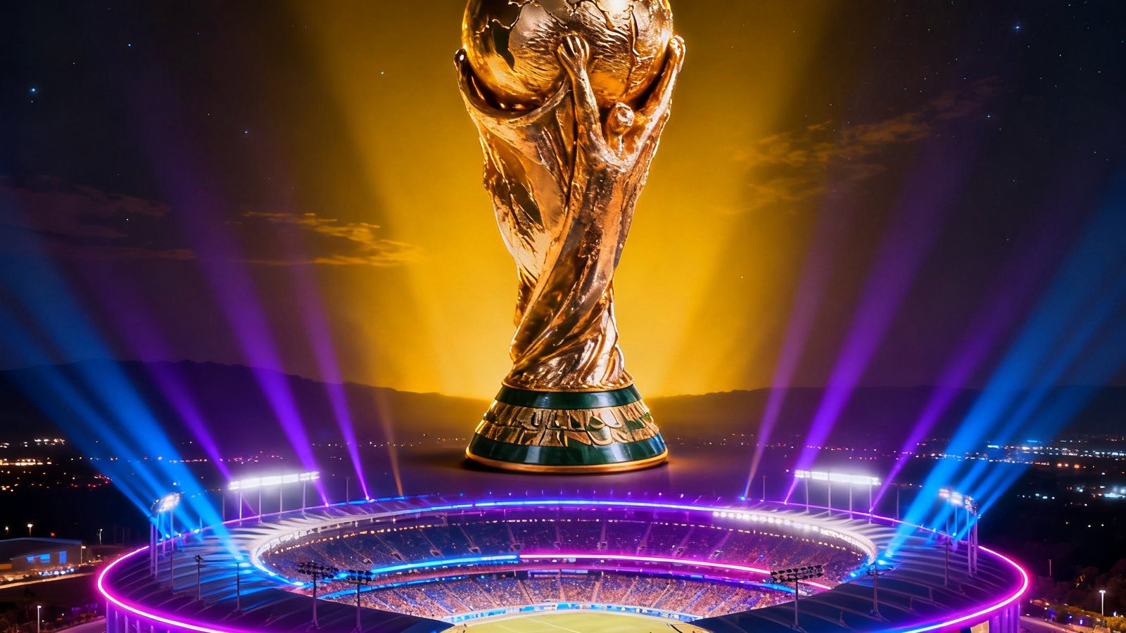 2026世界杯直播网英雄区展示大力神杯与美加墨三国球场夜景，霓虹灯光照耀球场