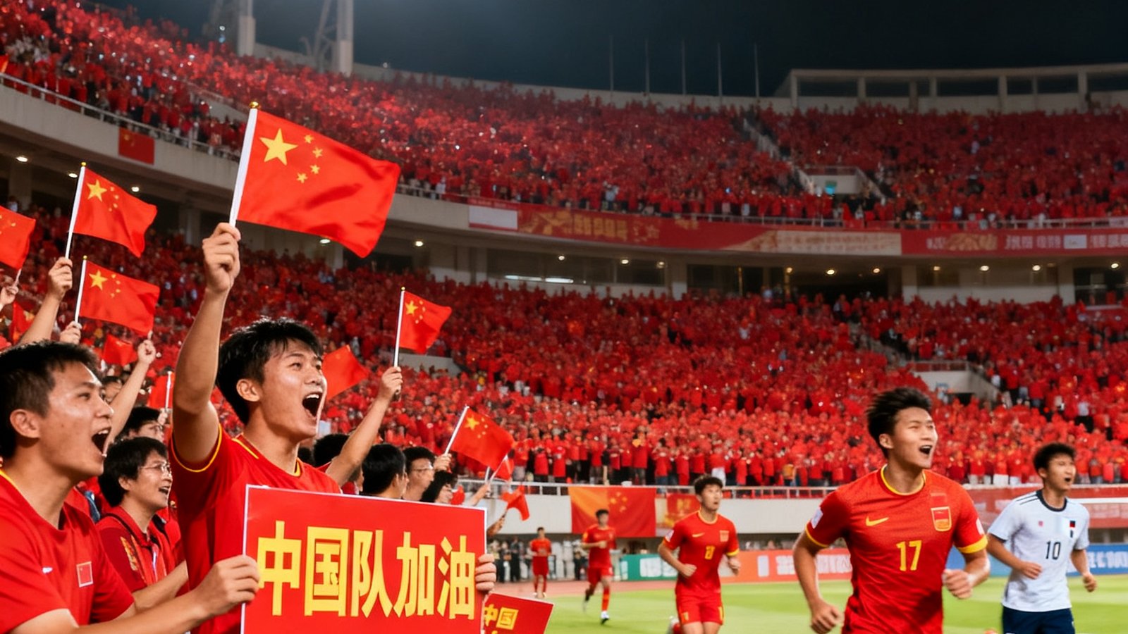 中国队对阵日本队世预赛关键战，红色球迷助威